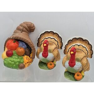 3 Lot VTG Cornucopia Thanksgiving Candle 4" x 4.75" & Two Turkey Candle Holders